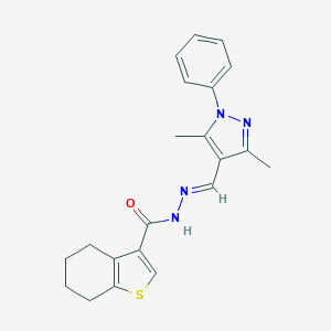 molecular formula C21H22N4OS B451866 N'~3~-[(E)-1-(3,5-DIMETHYL-1-PHENYL-1H-PYRAZOL-4-YL)METHYLIDENE]-4,5,6,7-TETRAHYDRO-1-BENZOTHIOPHENE-3-CARBOHYDRAZIDE 
