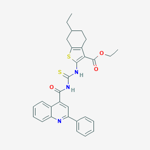 molecular formula C30H29N3O3S2 B452153 ETHYL 6-ETHYL-2-[({[(2-PHENYL-4-QUINOLYL)CARBONYL]AMINO}CARBOTHIOYL)AMINO]-4,5,6,7-TETRAHYDRO-1-BENZOTHIOPHENE-3-CARBOXYLATE 