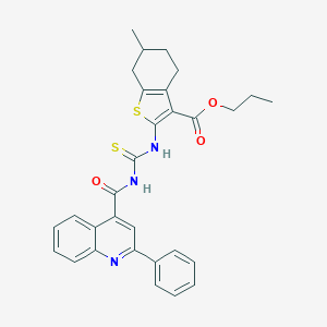 molecular formula C30H29N3O3S2 B452157 PROPYL 6-METHYL-2-[({[(2-PHENYL-4-QUINOLYL)CARBONYL]AMINO}CARBOTHIOYL)AMINO]-4,5,6,7-TETRAHYDRO-1-BENZOTHIOPHENE-3-CARBOXYLATE 