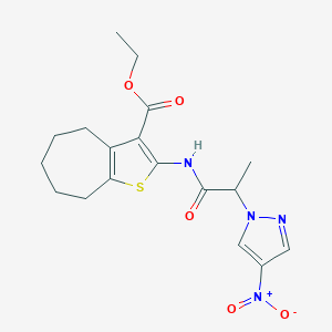 molecular formula C18H22N4O5S B452163 ethyl 2-{[2-(4-nitro-1H-pyrazol-1-yl)propanoyl]amino}-5,6,7,8-tetrahydro-4H-cyclohepta[b]thiophene-3-carboxylate 