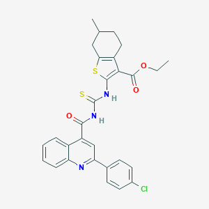 molecular formula C29H26ClN3O3S2 B452165 ETHYL 2-{[({[2-(4-CHLOROPHENYL)-4-QUINOLYL]CARBONYL}AMINO)CARBOTHIOYL]AMINO}-6-METHYL-4,5,6,7-TETRAHYDRO-1-BENZOTHIOPHENE-3-CARBOXYLATE 