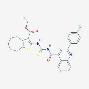 molecular formula C29H26ClN3O3S2 B452169 ETHYL 2-{[({[2-(4-CHLOROPHENYL)-4-QUINOLYL]CARBONYL}AMINO)CARBOTHIOYL]AMINO}-5,6,7,8-TETRAHYDRO-4H-CYCLOHEPTA[B]THIOPHENE-3-CARBOXYLATE 