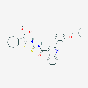 molecular formula C32H33N3O4S2 B452213 METHYL 2-{[({[2-(3-ISOBUTOXYPHENYL)-4-QUINOLYL]CARBONYL}AMINO)CARBOTHIOYL]AMINO}-5,6,7,8-TETRAHYDRO-4H-CYCLOHEPTA[B]THIOPHENE-3-CARBOXYLATE 