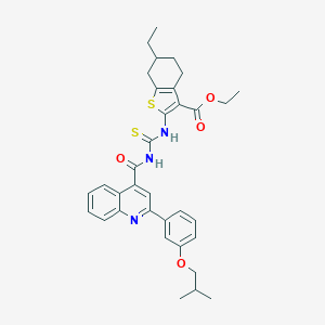 molecular formula C34H37N3O4S2 B452232 ETHYL 6-ETHYL-2-{[({[2-(3-ISOBUTOXYPHENYL)-4-QUINOLYL]CARBONYL}AMINO)CARBOTHIOYL]AMINO}-4,5,6,7-TETRAHYDRO-1-BENZOTHIOPHENE-3-CARBOXYLATE 