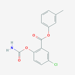 molecular formula C15H12ClNO4 B045224 Benzoic acid, 2-((aminocarbonyl)oxy)-5-chloro-, 3-methylphenyl ester CAS No. 122277-25-2