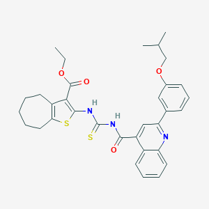 molecular formula C33H35N3O4S2 B452250 ETHYL 2-{[({[2-(3-ISOBUTOXYPHENYL)-4-QUINOLYL]CARBONYL}AMINO)CARBOTHIOYL]AMINO}-5,6,7,8-TETRAHYDRO-4H-CYCLOHEPTA[B]THIOPHENE-3-CARBOXYLATE 