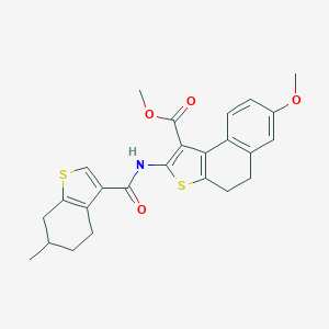 molecular formula C25H25NO4S2 B452359 METHYL 7-METHOXY-2-(6-METHYL-4,5,6,7-TETRAHYDRO-1-BENZOTHIOPHENE-3-AMIDO)-4H,5H-NAPHTHO[2,1-B]THIOPHENE-1-CARBOXYLATE 