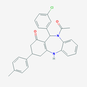 molecular formula C28H25ClN2O2 B452389 10-acetyl-11-(3-chlorophenyl)-3-(4-methylphenyl)-2,3,4,5,10,11-hexahydro-1H-dibenzo[b,e][1,4]diazepin-1-one 