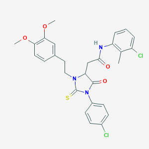molecular formula C28H27Cl2N3O4S B452416 N-(3-CHLORO-2-METHYLPHENYL)-2-[1-(4-CHLOROPHENYL)-3-(3,4-DIMETHOXYPHENETHYL)-5-OXO-2-THIOXO-4-IMIDAZOLIDINYL]ACETAMIDE 