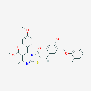 molecular formula C32H30N2O6S B452432 METHYL 2-((E)-1-{4-METHOXY-3-[(2-METHYLPHENOXY)METHYL]PHENYL}METHYLIDENE)-5-(4-METHOXYPHENYL)-7-METHYL-3-OXO-2,3-DIHYDRO-5H-[1,3]THIAZOLO[3,2-A]PYRIMIDINE-6-CARBOXYLATE 