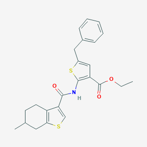 molecular formula C24H25NO3S2 B452495 ETHYL 5-BENZYL-2-(6-METHYL-4,5,6,7-TETRAHYDRO-1-BENZOTHIOPHENE-3-AMIDO)THIOPHENE-3-CARBOXYLATE 