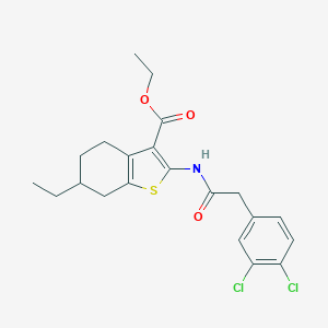 molecular formula C21H23Cl2NO3S B452498 Ethyl 2-{[(3,4-dichlorophenyl)acetyl]amino}-6-ethyl-4,5,6,7-tetrahydro-1-benzothiophene-3-carboxylate 