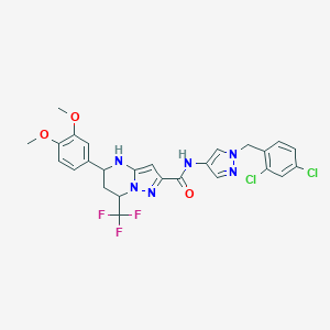 molecular formula C26H23Cl2F3N6O3 B452524 N~2~-[1-(2,4-DICHLOROBENZYL)-1H-PYRAZOL-4-YL]-5-(3,4-DIMETHOXYPHENYL)-7-(TRIFLUOROMETHYL)-4,5,6,7-TETRAHYDROPYRAZOLO[1,5-A]PYRIMIDINE-2-CARBOXAMIDE 