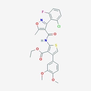 molecular formula C26H22ClFN2O6S B452709 Ethyl 2-({[3-(2-chloro-6-fluorophenyl)-5-methyl-4-isoxazolyl]carbonyl}amino)-4-(3,4-dimethoxyphenyl)-3-thiophenecarboxylate 
