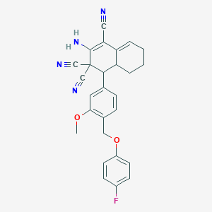 molecular formula C27H23FN4O2 B452864 2-amino-4-{4-[(4-fluorophenoxy)methyl]-3-methoxyphenyl}-4a,5,6,7-tetrahydro-1,3,3(4H)-naphthalenetricarbonitrile 
