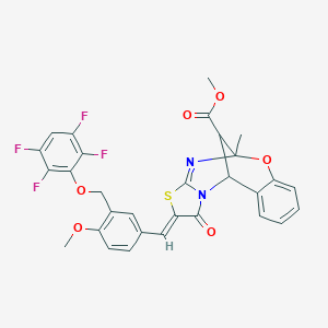 molecular formula C30H22F4N2O6S B452924 methyl (13Z)-13-{4-methoxy-3-[(2,3,5,6-tetrafluorophenoxy)methyl]benzylidene}-9-methyl-14-oxo-8-oxa-12-thia-10,15-diazatetracyclo[7.6.1.0~2,7~.0~11,15~]hexadeca-2,4,6,10-tetraene-16-carboxylate 