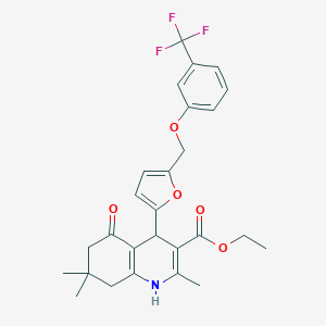 molecular formula C27H28F3NO5 B452945 ethyl 2,7,7-trimethyl-5-oxo-4-(5-{[3-(trifluoromethyl)phenoxy]methyl}-2-furyl)-1,4,5,6,7,8-hexahydro-3-quinolinecarboxylate 