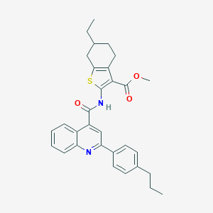 molecular formula C31H32N2O3S B452966 Methyl 6-ethyl-2-({[2-(4-propylphenyl)-4-quinolinyl]carbonyl}amino)-4,5,6,7-tetrahydro-1-benzothiophene-3-carboxylate 