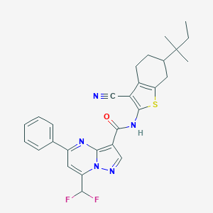 molecular formula C28H27F2N5OS B453085 N-[3-cyano-6-(2-methylbutan-2-yl)-4,5,6,7-tetrahydro-1-benzothiophen-2-yl]-7-(difluoromethyl)-5-phenylpyrazolo[1,5-a]pyrimidine-3-carboxamide 