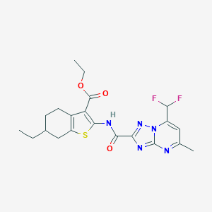 molecular formula C21H23F2N5O3S B453097 Ethyl 2-({[7-(difluoromethyl)-5-methyl[1,2,4]triazolo[1,5-a]pyrimidin-2-yl]carbonyl}amino)-6-ethyl-4,5,6,7-tetrahydro-1-benzothiophene-3-carboxylate 