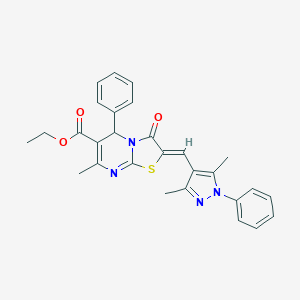 molecular formula C28H26N4O3S B453101 ETHYL 2-[(Z)-1-(3,5-DIMETHYL-1-PHENYL-1H-PYRAZOL-4-YL)METHYLIDENE]-7-METHYL-3-OXO-5-PHENYL-5H-[1,3]THIAZOLO[3,2-A]PYRIMIDINE-6(3H)-CARBOXYLATE 