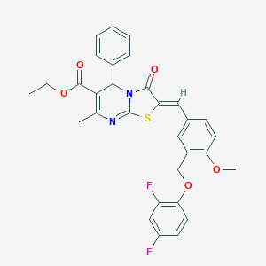 molecular formula C31H26F2N2O5S B453102 ETHYL 2-((Z)-1-{3-[(2,4-DIFLUOROPHENOXY)METHYL]-4-METHOXYPHENYL}METHYLIDENE)-7-METHYL-3-OXO-5-PHENYL-5H-[1,3]THIAZOLO[3,2-A]PYRIMIDINE-6(3H)-CARBOXYLATE 