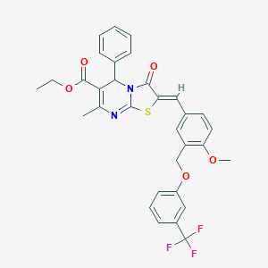 molecular formula C32H27F3N2O5S B453110 ETHYL 2-[(Z)-1-(4-METHOXY-3-{[3-(TRIFLUOROMETHYL)PHENOXY]METHYL}PHENYL)METHYLIDENE]-7-METHYL-3-OXO-5-PHENYL-5H-[1,3]THIAZOLO[3,2-A]PYRIMIDINE-6(3H)-CARBOXYLATE 