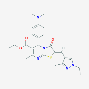 molecular formula C25H29N5O3S B453113 ethyl 5-[4-(dimethylamino)phenyl]-2-[(1-ethyl-3-methyl-1H-pyrazol-4-yl)methylene]-7-methyl-3-oxo-2,3-dihydro-5H-[1,3]thiazolo[3,2-a]pyrimidine-6-carboxylate 
