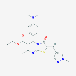 molecular formula C23H25N5O3S B453121 ethyl 5-[4-(dimethylamino)phenyl]-7-methyl-2-[(1-methyl-1H-pyrazol-4-yl)methylene]-3-oxo-2,3-dihydro-5H-[1,3]thiazolo[3,2-a]pyrimidine-6-carboxylate 