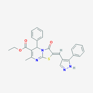 molecular formula C26H22N4O3S B453122 ETHYL 7-METHYL-3-OXO-5-PHENYL-2-[(Z)-1-(3-PHENYL-1H-PYRAZOL-4-YL)METHYLIDENE]-5H-[1,3]THIAZOLO[3,2-A]PYRIMIDINE-6(3H)-CARBOXYLATE 