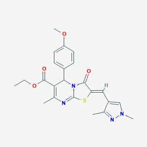 molecular formula C23H24N4O4S B453124 ETHYL 2-[(Z)-1-(1,3-DIMETHYL-1H-PYRAZOL-4-YL)METHYLIDENE]-5-(4-METHOXYPHENYL)-7-METHYL-3-OXO-5H-[1,3]THIAZOLO[3,2-A]PYRIMIDINE-6(3H)-CARBOXYLATE 