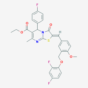 molecular formula C31H25F3N2O5S B453126 ETHYL 2-((Z)-1-{3-[(2,4-DIFLUOROPHENOXY)METHYL]-4-METHOXYPHENYL}METHYLIDENE)-5-(4-FLUOROPHENYL)-7-METHYL-3-OXO-5H-[1,3]THIAZOLO[3,2-A]PYRIMIDINE-6(3H)-CARBOXYLATE 