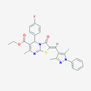 molecular formula C28H25FN4O3S B453129 ETHYL 2-[(Z)-1-(3,5-DIMETHYL-1-PHENYL-1H-PYRAZOL-4-YL)METHYLIDENE]-5-(4-FLUOROPHENYL)-7-METHYL-3-OXO-5H-[1,3]THIAZOLO[3,2-A]PYRIMIDINE-6(3H)-CARBOXYLATE 