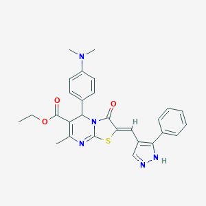 molecular formula C28H27N5O3S B453130 ethyl 5-[4-(dimethylamino)phenyl]-7-methyl-3-oxo-2-[(3-phenyl-1H-pyrazol-4-yl)methylene]-2,3-dihydro-5H-[1,3]thiazolo[3,2-a]pyrimidine-6-carboxylate 