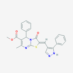 molecular formula C25H20N4O3S B453140 METHYL 7-METHYL-3-OXO-5-PHENYL-2-[(Z)-1-(3-PHENYL-1H-PYRAZOL-4-YL)METHYLIDENE]-5H-[1,3]THIAZOLO[3,2-A]PYRIMIDINE-6(3H)-CARBOXYLATE 
