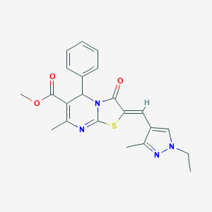 molecular formula C22H22N4O3S B453146 METHYL 2-[(Z)-1-(1-ETHYL-3-METHYL-1H-PYRAZOL-4-YL)METHYLIDENE]-7-METHYL-3-OXO-5-PHENYL-5H-[1,3]THIAZOLO[3,2-A]PYRIMIDINE-6(3H)-CARBOXYLATE 