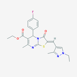 molecular formula C23H23FN4O3S B453157 ETHYL 2-[(Z)-1-(1-ETHYL-3-METHYL-1H-PYRAZOL-4-YL)METHYLIDENE]-5-(4-FLUOROPHENYL)-7-METHYL-3-OXO-5H-[1,3]THIAZOLO[3,2-A]PYRIMIDINE-6(3H)-CARBOXYLATE 