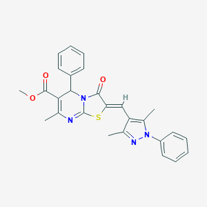molecular formula C27H24N4O3S B453161 METHYL 2-[(Z)-1-(3,5-DIMETHYL-1-PHENYL-1H-PYRAZOL-4-YL)METHYLIDENE]-7-METHYL-3-OXO-5-PHENYL-5H-[1,3]THIAZOLO[3,2-A]PYRIMIDINE-6(3H)-CARBOXYLATE 