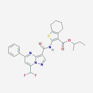molecular formula C27H26F2N4O3S B453163 Sec-butyl 2-({[7-(difluoromethyl)-5-phenylpyrazolo[1,5-a]pyrimidin-3-yl]carbonyl}amino)-4,5,6,7-tetrahydro-1-benzothiophene-3-carboxylate 