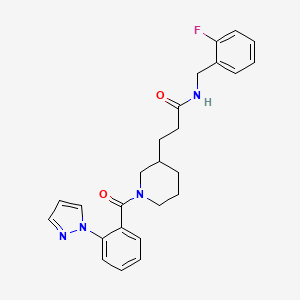 molecular formula C25H27FN4O2 B4531662 N-[(2-fluorophenyl)methyl]-3-[1-(2-pyrazol-1-ylbenzoyl)piperidin-3-yl]propanamide 