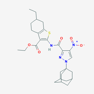 molecular formula C27H34N4O5S B453180 ETHYL 2-({[1-(1-ADAMANTYL)-4-NITRO-1H-PYRAZOL-3-YL]CARBONYL}AMINO)-6-ETHYL-4,5,6,7-TETRAHYDRO-1-BENZOTHIOPHENE-3-CARBOXYLATE 