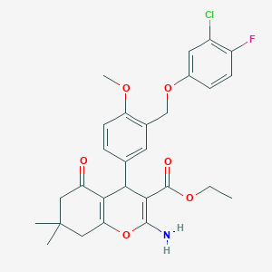 molecular formula C28H29ClFNO6 B453198 ethyl 2-amino-4-{3-[(3-chloro-4-fluorophenoxy)methyl]-4-methoxyphenyl}-7,7-dimethyl-5-oxo-5,6,7,8-tetrahydro-4H-chromene-3-carboxylate 