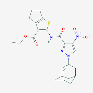 molecular formula C24H28N4O5S B453252 ETHYL 2-({[1-(1-ADAMANTYL)-4-NITRO-1H-PYRAZOL-3-YL]CARBONYL}AMINO)-5,6-DIHYDRO-4H-CYCLOPENTA[B]THIOPHENE-3-CARBOXYLATE 