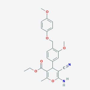 molecular formula C25H26N2O6 B453394 ethyl 6-amino-5-cyano-4-{3-methoxy-4-[(4-methoxyphenoxy)methyl]phenyl}-2-methyl-4H-pyran-3-carboxylate 
