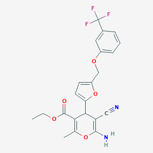 molecular formula C22H19F3N2O5 B453455 ethyl 6-amino-5-cyano-2-methyl-4-(5-{[3-(trifluoromethyl)phenoxy]methyl}-2-furyl)-4H-pyran-3-carboxylate 