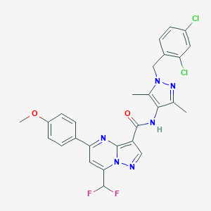 molecular formula C27H22Cl2F2N6O2 B453474 N-[1-(2,4-dichlorobenzyl)-3,5-dimethyl-1H-pyrazol-4-yl]-7-(difluoromethyl)-5-(4-methoxyphenyl)pyrazolo[1,5-a]pyrimidine-3-carboxamide 