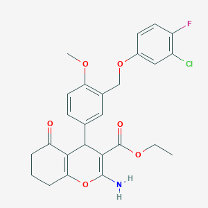 molecular formula C26H25ClFNO6 B453652 ethyl 2-amino-4-{3-[(3-chloro-4-fluorophenoxy)methyl]-4-methoxyphenyl}-5-oxo-5,6,7,8-tetrahydro-4H-chromene-3-carboxylate 