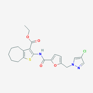 molecular formula C21H22ClN3O4S B453675 ETHYL 2-{5-[(4-CHLORO-1H-PYRAZOL-1-YL)METHYL]FURAN-2-AMIDO}-4H,5H,6H,7H,8H-CYCLOHEPTA[B]THIOPHENE-3-CARBOXYLATE 