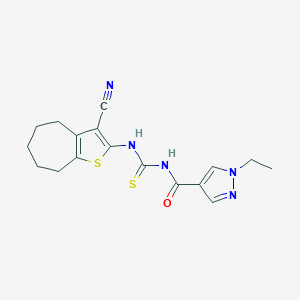 molecular formula C17H19N5OS2 B453676 N-(3-CYANO-5,6,7,8-TETRAHYDRO-4H-CYCLOHEPTA[B]THIOPHEN-2-YL)-N'-[(1-ETHYL-1H-PYRAZOL-4-YL)CARBONYL]THIOUREA 