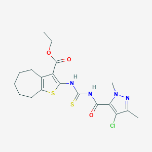 molecular formula C19H23ClN4O3S2 B453677 ethyl 2-[({[(4-chloro-1,3-dimethyl-1H-pyrazol-5-yl)carbonyl]amino}carbothioyl)amino]-5,6,7,8-tetrahydro-4H-cyclohepta[b]thiophene-3-carboxylate 